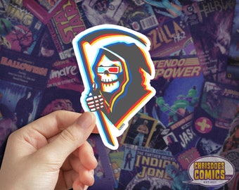 Retro Grim Reaper Sticker: 3D Glasses, Horror Comic Style