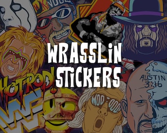 May include: A collage of colorful wrestling-themed stickers. The stickers feature various wrestlers with bold graphics and vibrant colors. The text "WRASSLIN STICKERS" is prominently displayed in the center, adding to the overall theme.