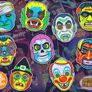 Retro Vintage Inspired Halloween Masks, Horror sticker, laptop decal, water bottle, vampire, clown, witch, reaper, creature, mummy