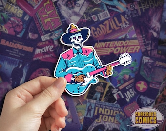 Rockabilly Cowboy Skeleton Vinyl Sticker: Guitar Decal