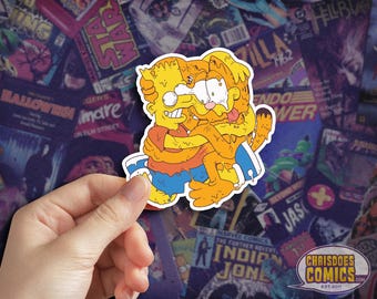 May include: A sticker featuring a cartoon mashup of Bart Simpson and Garfield hugging. Bart is wearing an orange shirt and blue shorts, while Garfield is orange. The background is a collage of comic book covers.