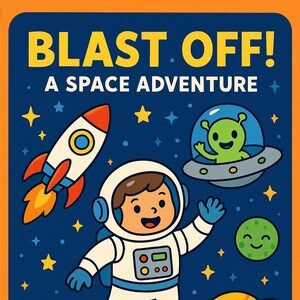 May include: A coloring book cover with a space theme. The cover features a rocket, an astronaut, an alien in a spaceship, a planet with rings, and stars against a dark blue background. Text reads "BLAST OFF! A SPACE ADVENTURE COLORING BOOK."