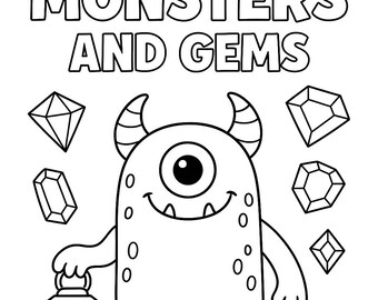 子供向けモンスターと宝石のぬり絵 – 楽しい印刷可能な10ページ – かわいいモンスターとクリスタルのぬり絵シート – デジタルダウンロードアクティビティ
