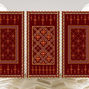 May include: Three red and gold patterned rugs with intricate geometric designs. The rugs have a traditional look and are perfect for adding a touch of elegance to any room.