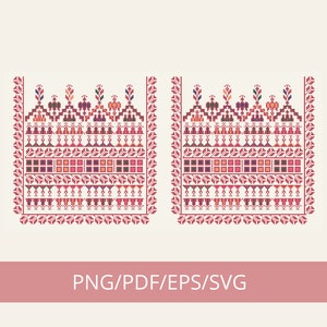 Peut inclure: Deux motifs brodés symétriques dans un schéma de couleurs rouge, blanc et vert. Les motifs présentent un motif répétitif de formes géométriques et de motifs floraux.