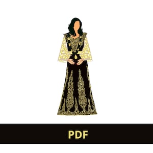 May include: A woman wearing a black dress with gold embroidery and a sheer beige overlay. The dress has long sleeves and a high neckline. The woman has long dark hair and is standing with her hands clasped in front of her.