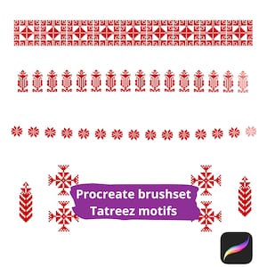 Peut inclure: Un ensemble de pinceaux numériques Procreate avec des motifs Tatreez rouges. L'ensemble de pinceaux comprend une variété de motifs de broderie traditionnels du Moyen-Orient, y compris des formes géométriques, des fleurs et des feuilles.
