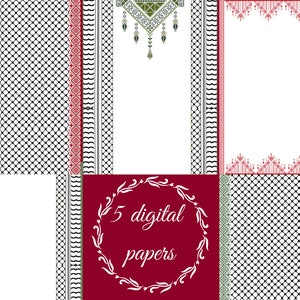 5 isolated PNG and PDF digital papers- Palestinian henna-Palestinian embroidery-keffiyeh digital paper-Palestinian patterns-Clipart tatreez