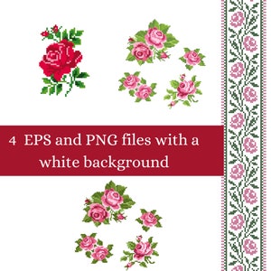 Motivos de rosas -Flores y hojas Archivos PNG/EPS-Bordado palestino-arte de píxeles-motivos florales de punto de cruz