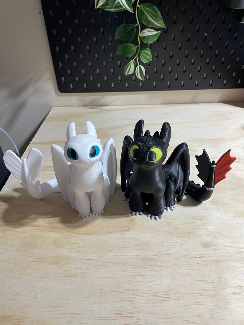 Op de afbeelding: Twee drakenfiguren, een witte met blauwe ogen en een zwarte met groene ogen. De witte draak heeft een rode staartvin en de zwarte draak heeft een rode vleugel.