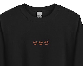 Jack-o-Lantern Faces Embroidered Crew Neck Sweatshirt