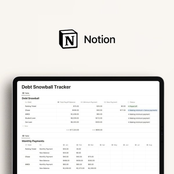 Notion Debt Snowball Tracker | Notion Template | Personal Finance | Debt Payoff | Debt Snowball | Finance Tracker