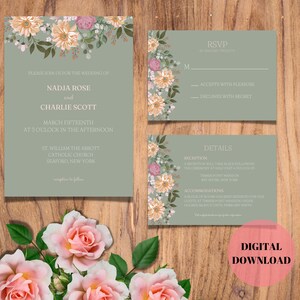 Custom Daisies and Roses Wedding Invitation Set, Classic Floral Wedding Invite, Wildflowers Wedding Bundle, Made to Order, Printable