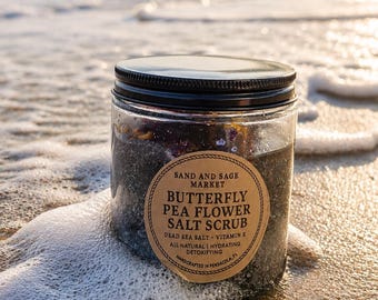 Exfoliante corporal de sal con flor de guisante mariposa / Exfoliante corporal de sal del Mar Muerto / Exfoliante de spa totalmente natural / Regalo de autocuidado costero