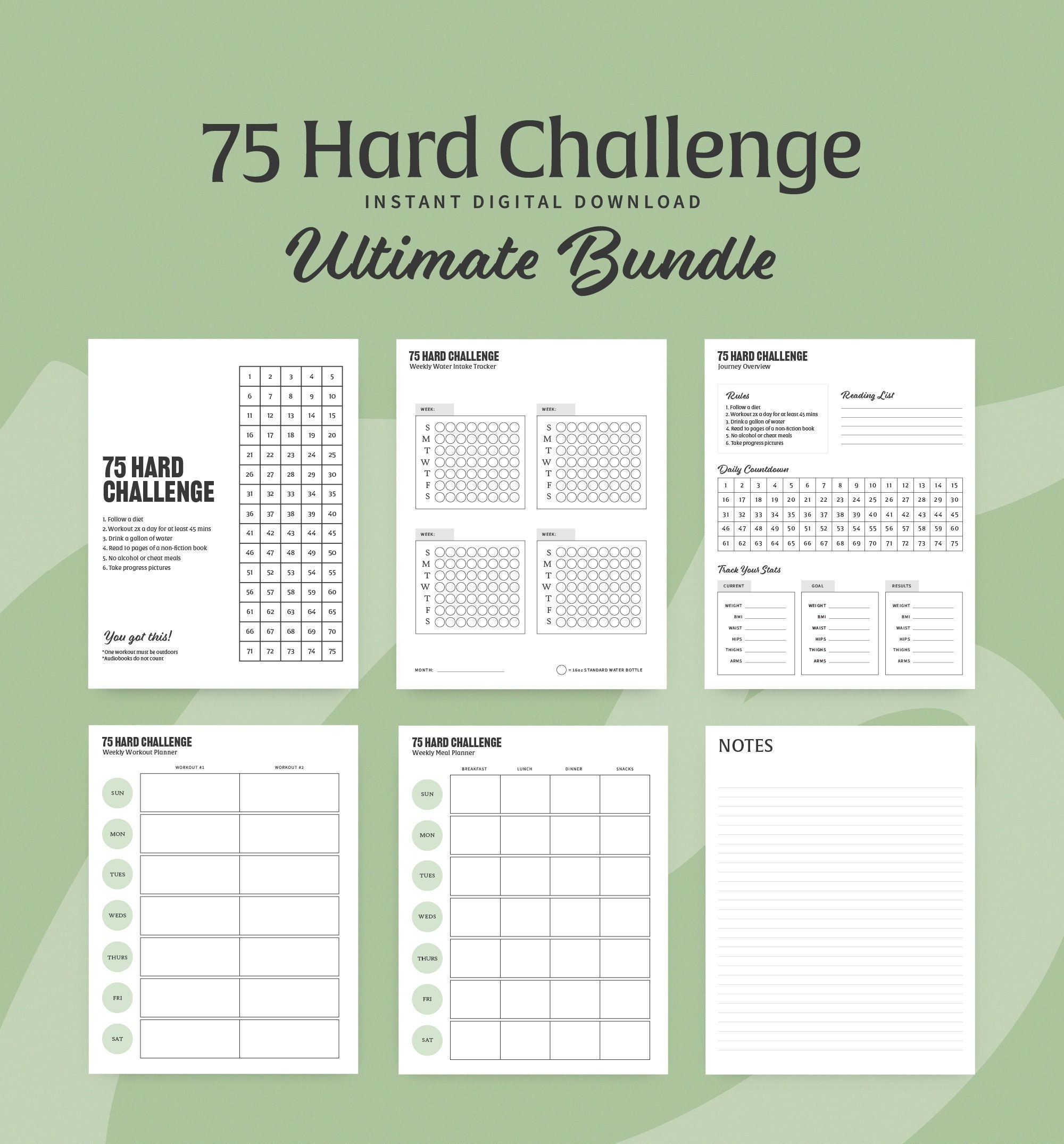 75 Hard Challenge Printable Template Ultimate Bundle Green INSTANT 75 Hard Challenge Printable Template Ultimate Bundle Green INSTANT