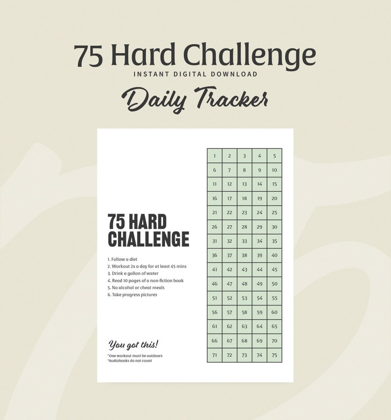 75 Hard Challenge Printable Tracker Template Green INSTANT DOWNLOAD ...