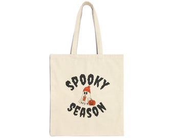 Ghost Coffee Cotton Canvas Tote Bag, Halloween Trick or Treat Bag, Spooky Season Reusable Shopping Bag, Coffee Lover Gift, Halloween Ghost
