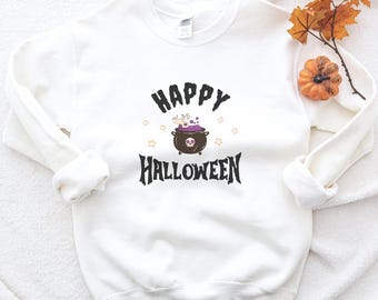 Happy Halloween Cauldron Sweatshirt - Unisex Crewneck, Witch Brew Pullover, Halloween Costume Jumper, Autumn Apparel, Fall Fashion Top