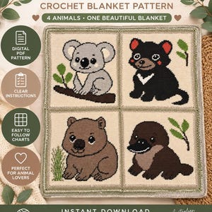 May include: A crochet blanket pattern featuring four Australian animals: a grey koala on a branch, a black Tasmanian devil, a brown wombat, and a brown platypus. The text reads AUSTRALIAN ANIMALS CROCHET BLANKET PATTERN, 4 ANIMALS, ONE BEAUTIFUL BLANKET, and INSTANT DOWNLOAD.