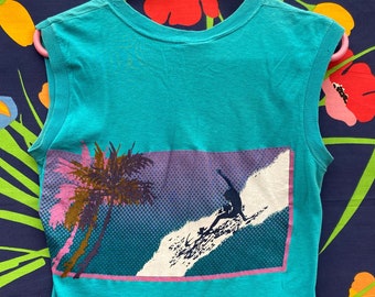 Vintage single-stitch cut off t-shirt from Hawaii w/ surfer on beach