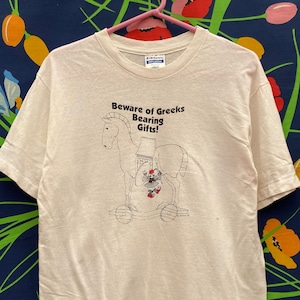 Vintage Single-Stitch T-Shirt W / trojan Pferd griechische Karikatur Cartoon