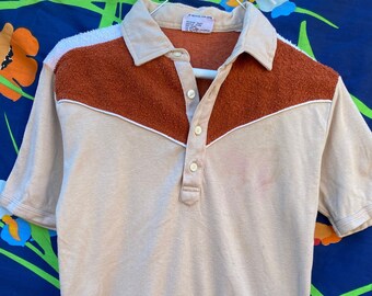 vintage flared color 1970s polo shirt terry cloth shirt