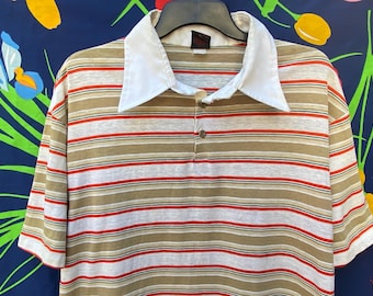 Vintage 70s polo shirt, flarred collar shirt, 70s stripped polo shirt, vintage golf shirt