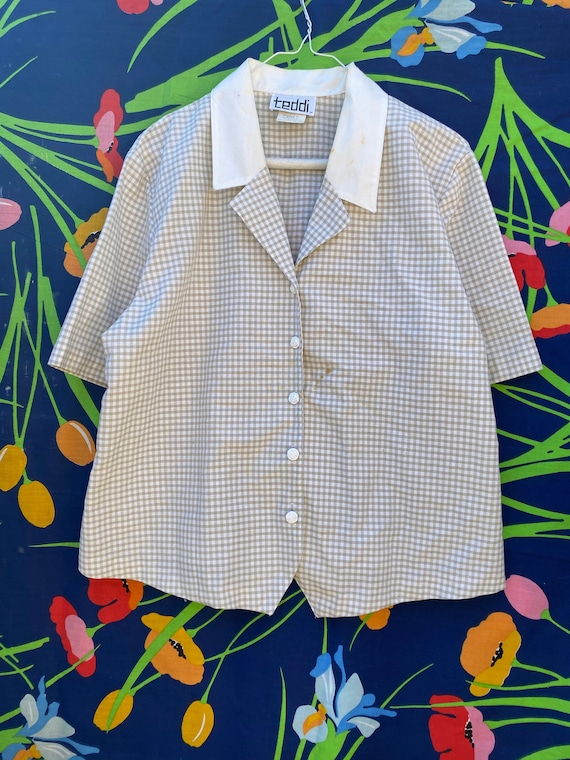 vintage 80s blouse with plaid pattern, mid century