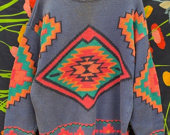 Vintage Navajo sweater from 90s w awesome sewn geometric patterns of Moqui stripe