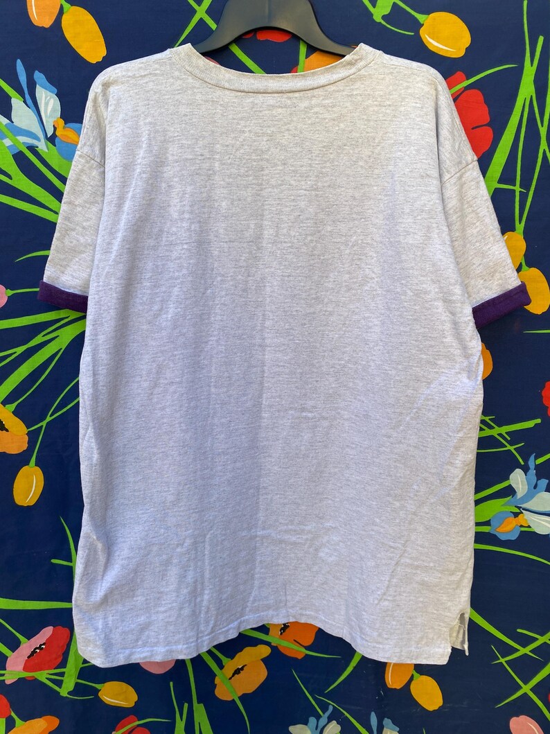 May include: A gray t-shirt with purple trim around the neck and sleeves. The shirt is made of a soft, comfortable material.