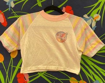 vintage single stitch crop top T-shirt from 70s or 80s with Pegasus unicorn rainbow pastel palette