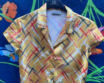 Vintage 90er Jahre Bluse, Crop Top, y2k kurzarm, lange Bluse mit Knöpfen