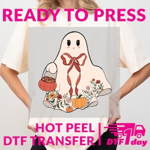 Trick Or Treat Ghost DTF Transfer - Cute Pumpkin Ghost With Bow Floral Print Ready To Press Hot Peel DTF Transfer Design