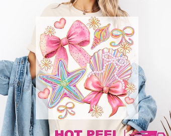Floral Coquette Seashell Heat Press Transfer, Coastal Ready To Press DTF, Boho Summer DTF Transfer