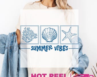 Summer Vibes DTF Transfer, Seashell Beach Vibes Heat Press Transfer