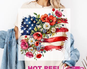 Floral American Flag Gildan Softstyle Game Day Ready to Press DTF Transfer: DIY Heat
