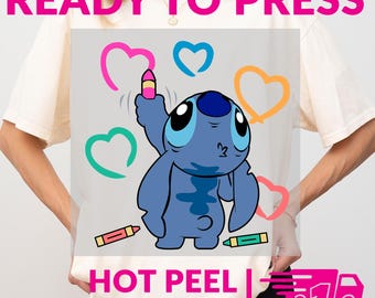 Crayon Hearts Blue Alien DTF Transfer | Hot Peel Ready to Press Love Design for Heat Press Shirts
