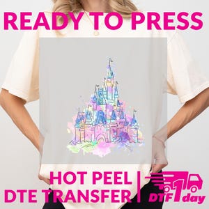 Transfert DTF aquarelle Château Disney, presse à chaud pastel magique, prêt à presser, film direct, impression peeling à chaud vibrante