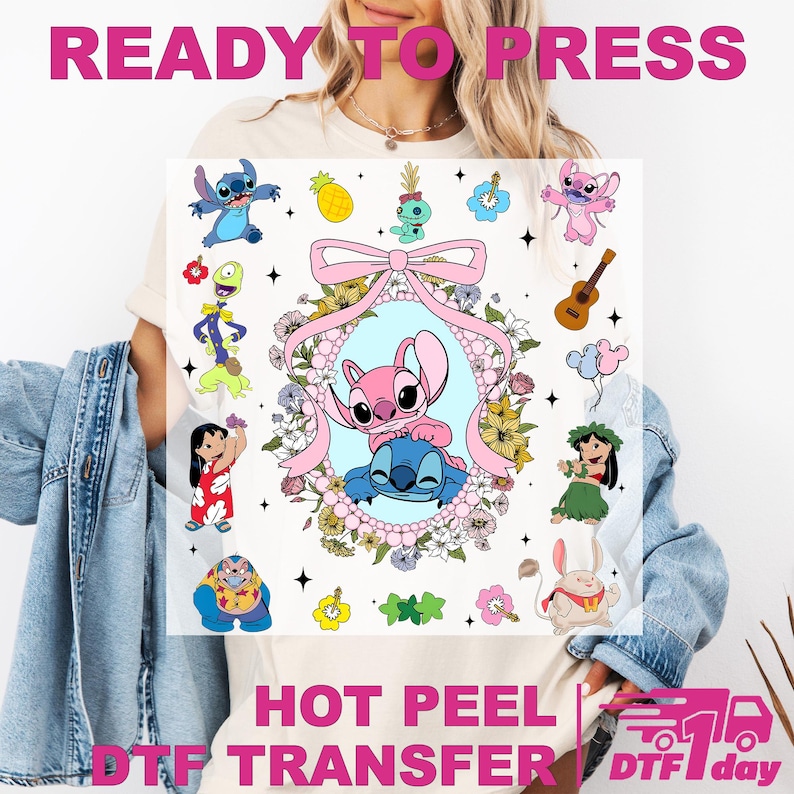 May include: A DTF transfer with the text "READY TO PRESS" and "HOT PEEL DTF TRANSFER". The design includes cartoon characters, flowers, and a ukulele. The central image features two characters in a floral frame. The transfer is suitable for hot peel application.