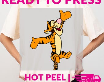 Tigger Jumping DTF Transfer, Winnie the Pooh Character Heat Press Print, Ready To Press Hot Peel Cartoon Shirt Decal