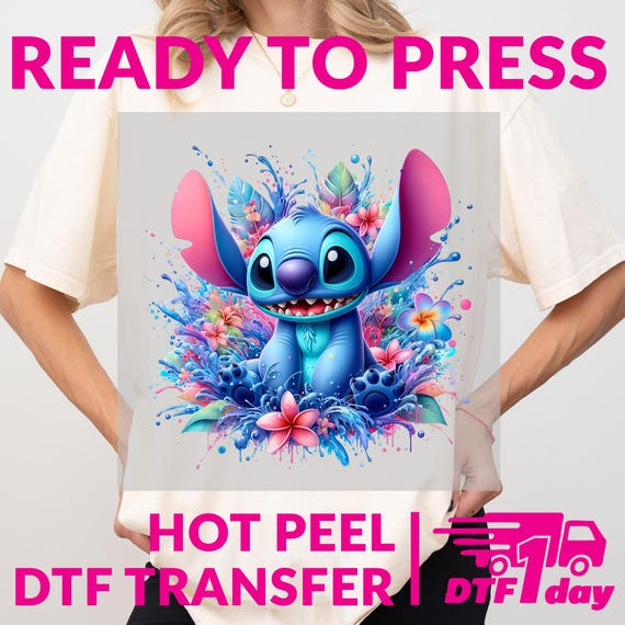 Smiling Stitch Splash DTF Transfer | Ready To Press Disney Water Splash Design | Tropical Blue Stitch Iron On Hot Peel Film