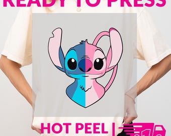 Stitch and Angel Split Face DTF Transfer, Blue Pink Love Heat Press, Hot Peel, Ready to Press, Direct to Film Cute Cartoon Tee