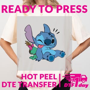 Stitch Winking DTF Transfer, Blue Alien Cartoon Heat Press Tee, Ready to Press, Direct to Film, Hot Peel Cute Tropical Print