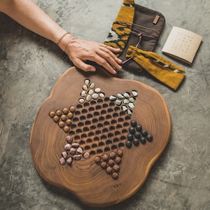 CHINESE CHECKERS / teak wood hand carved game /