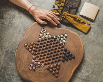 CHINESE CHECKERS / teak wood hand carved game /