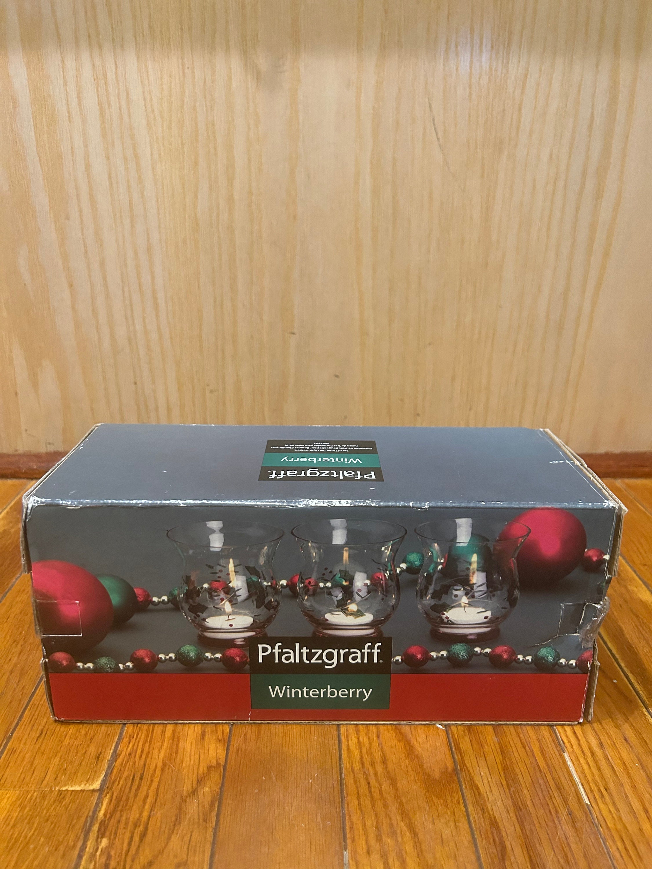Pfaltzgraff Winterberry Set 3 Tea Light Candle Holders Glass Christmas