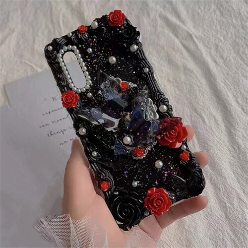Gothic Black Phone Case3d Butterfly Phone Caseblack Red Rose Etsy