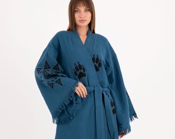 Leopard Print Turkish Cotton Gauze Kimono Robe, Boho Beach Cover-Up for Women, Animal Print Spa Bathrobe Gift for Her, Summer Loungewear