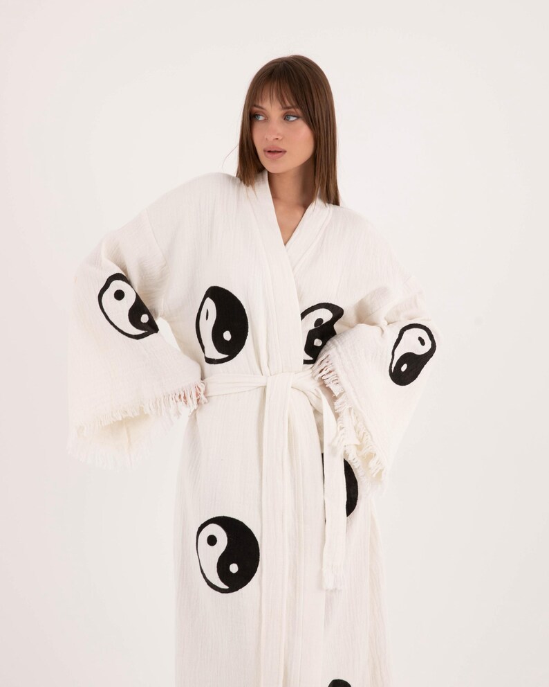 Yin Yang Robe Yin Yang Turkish Cotton Gauze Kimono Robe, Boho Beach Cover-up for ...