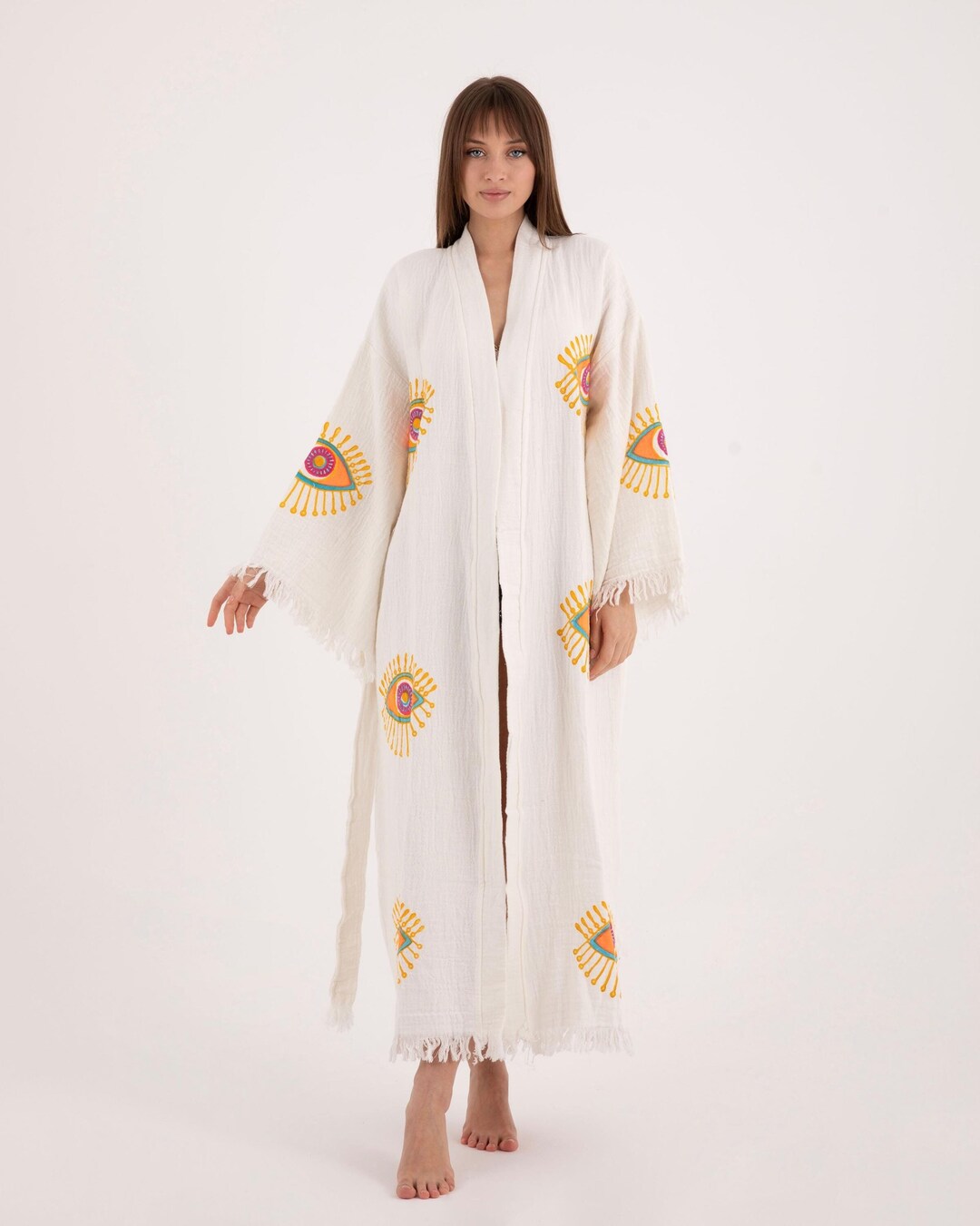 Turkish Wrap Robe Evil Eye Print Turkish Cotton Gauze Robe in Orange, Boho Beach Cover-up ...